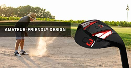 Golfer in sand trap with close-up of golf club labeled amateur-friendly design.