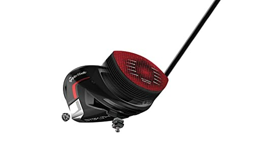 Close-up of a golf club driver head with red and black design.