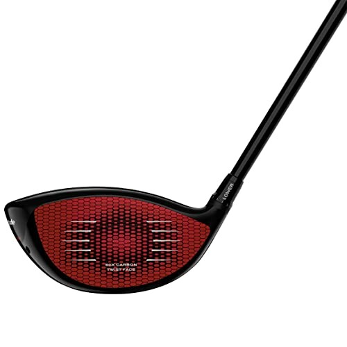 Red and black golf driver head with textured design.