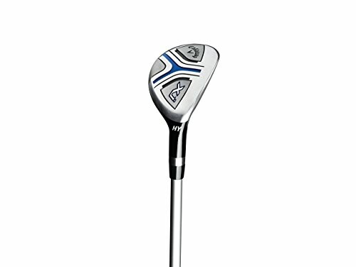 Golf hybrid club with silver and blue design.