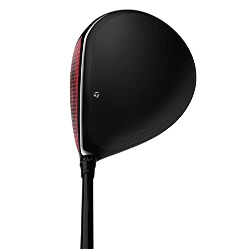 Top view of a golf driver club with a black and red design.